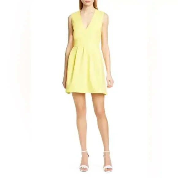 BA&SH Yellow V-Neck Wilson Fit Flare Pleated Cut-Out Back Dress Size 3 NWT - Picture 1 of 7